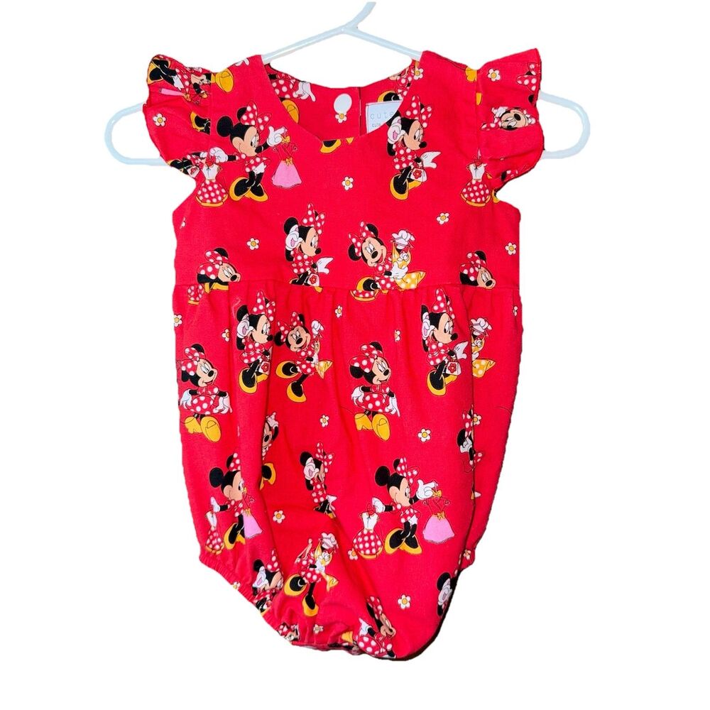 CUTEHEADS Handmade Red Minnie Mouse Print Bubble Romper Bodysuit 3-6 Months